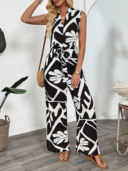 Printed Sleeveless Wide Leg Jumpsuit Black