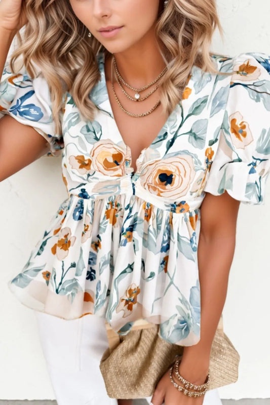 Floral Print Puff Sleeve V Neck Babydoll Blouse Floral