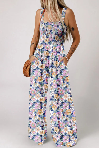 Floral Print Smocked High Waist Square Neck Jumpsuit Lavender