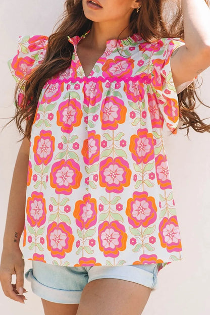 Floral Ruffled Sleeve Ric-Rac Trim Split Neck Loose Blouse