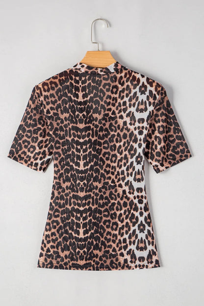 Leopard Wrapped V Neck Slim Short Sleeve Top