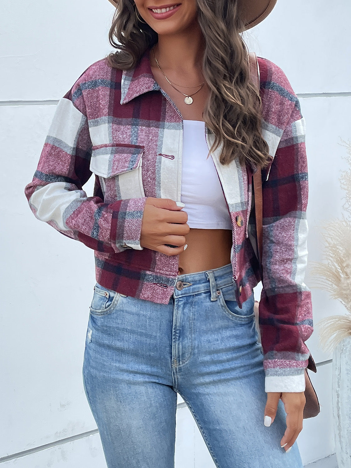 Perfee Plaid Button Up Drop Shoulder Cropped Jacket Deep Purple