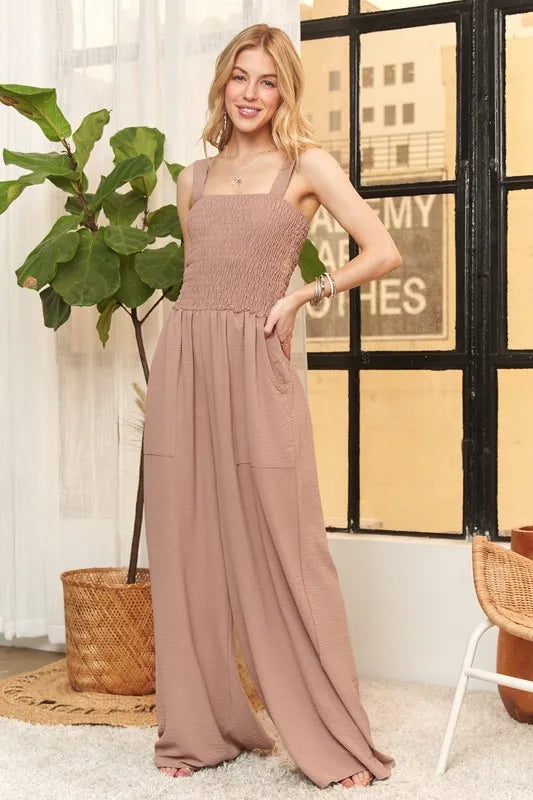 ADORA Smocking Top Wide Leg Jumpsuit MOCHA
