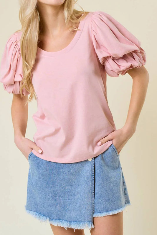 Round Neck Bubble Sleeve Top Blush Pink