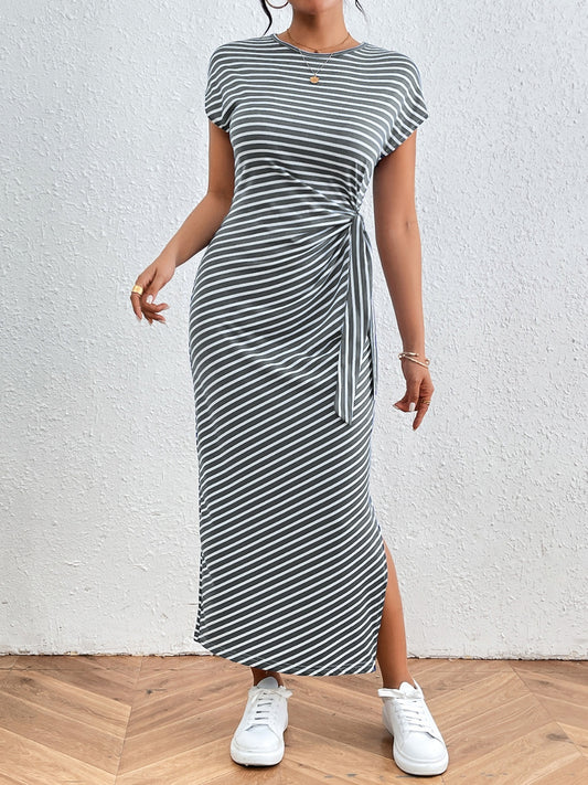 Honey Tied Striped Round Neck Short Sleeve Tee Dress Gray
