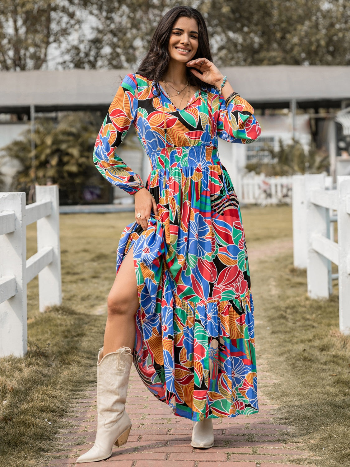 Printed Smocked Tie Neck Balloon Sleeve Maxi Dress Multicolor