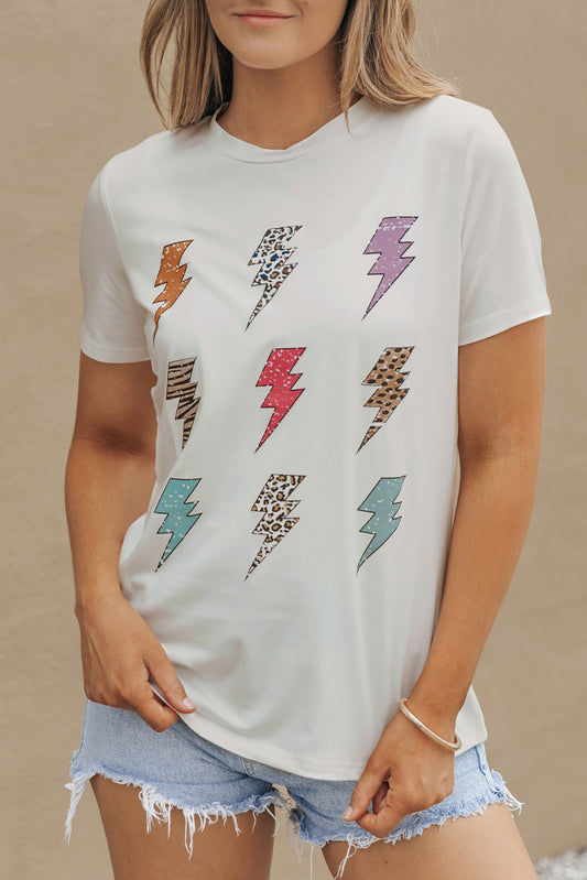 Lightning Graphic Round Neck Short Sleeve T-Shirt White