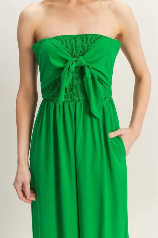 HYFVE Strapless Tie Front Smocked Jumpsuit