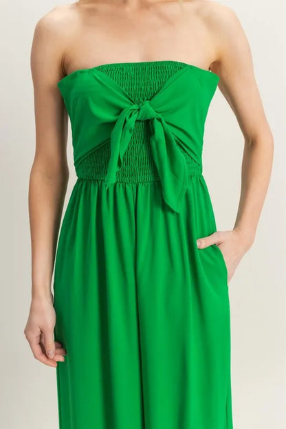 HYFVE Strapless Tie Front Smocked Jumpsuit