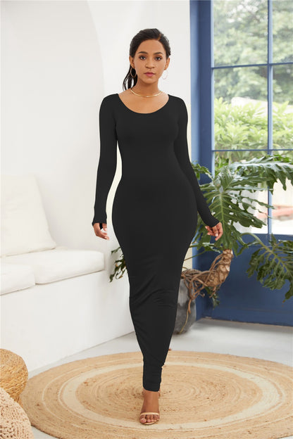 Round Neck Long Sleeve Maxi Wrap Dress Black