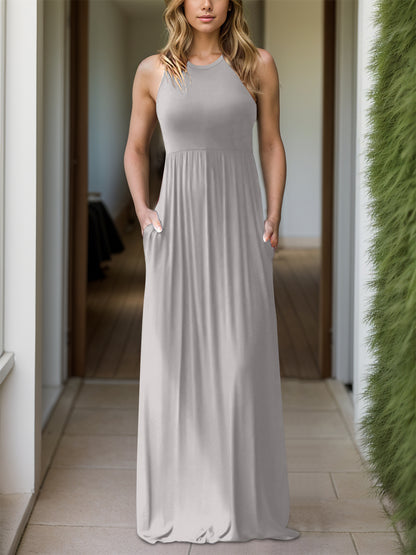 Full Size Grecian Neck Dress with Pockets Light Gray