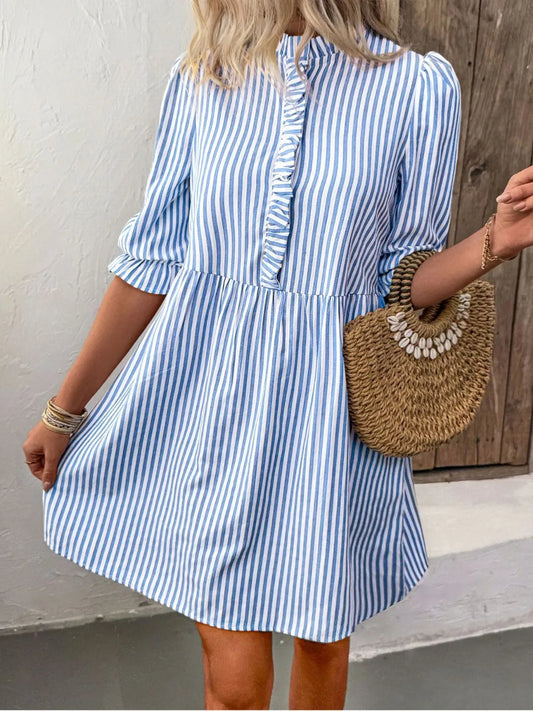Striped Half Sleeve Mini Shirt Dress Light Blue