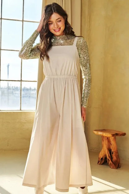Davi & Dani Creased Wide Legs Elastic Waist Jumpsuit