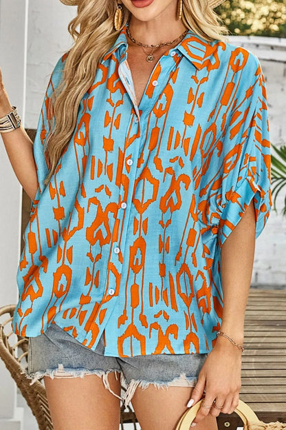 Abstract Print Dolman Short Sleeve Western Loose Shirt Teal