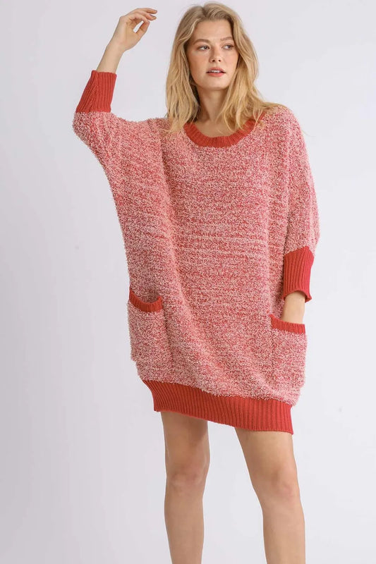 Umgee Full Size Ribbed Hem Round Neck 3/4 Sleeve Sweater Dress with Pockets Plus Size Scarlet