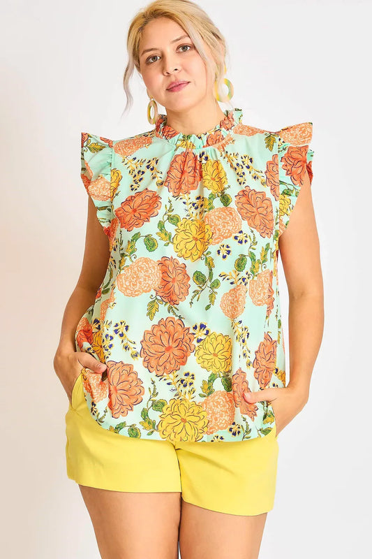 Umgee Plus Size Floral Print Ruffled Cap Sleeve Blouse MINT MIX