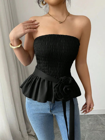 Flower Smocked Tube Top Black