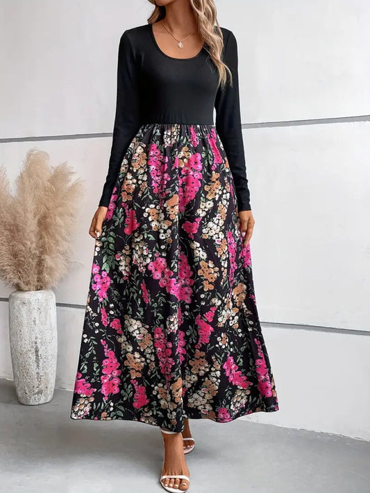 Floral Round Neck Long Sleeve Maxi Dress Black