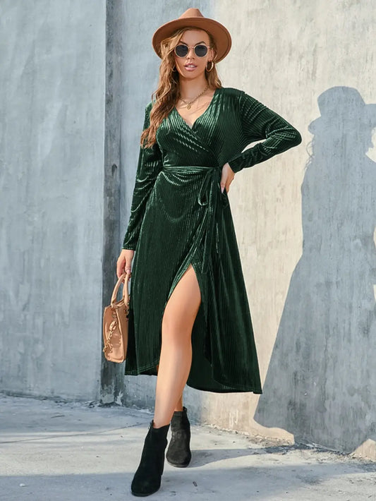 Tie Front Long Sleeve Slit Dress Green