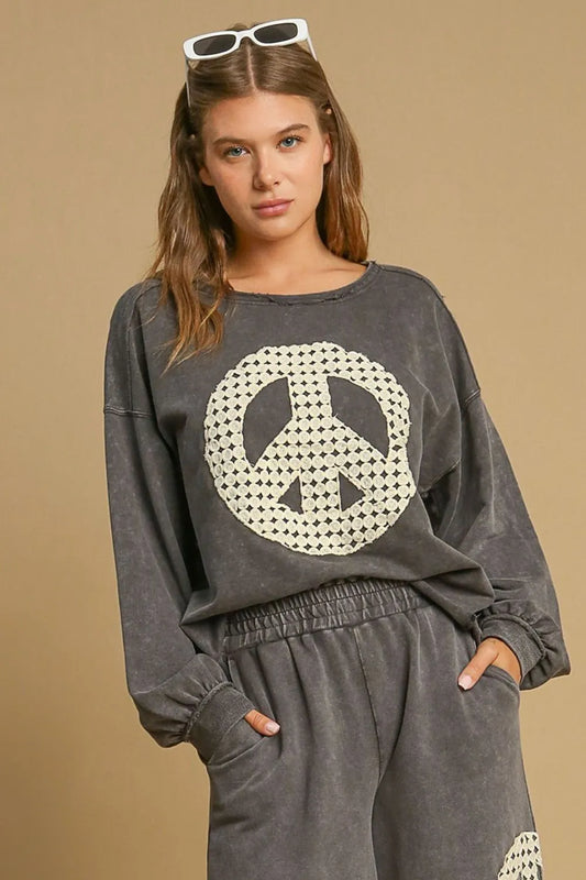 Umgee Full Size Peace Lace Applique Mineral Wash Sweatshirt Plus Size