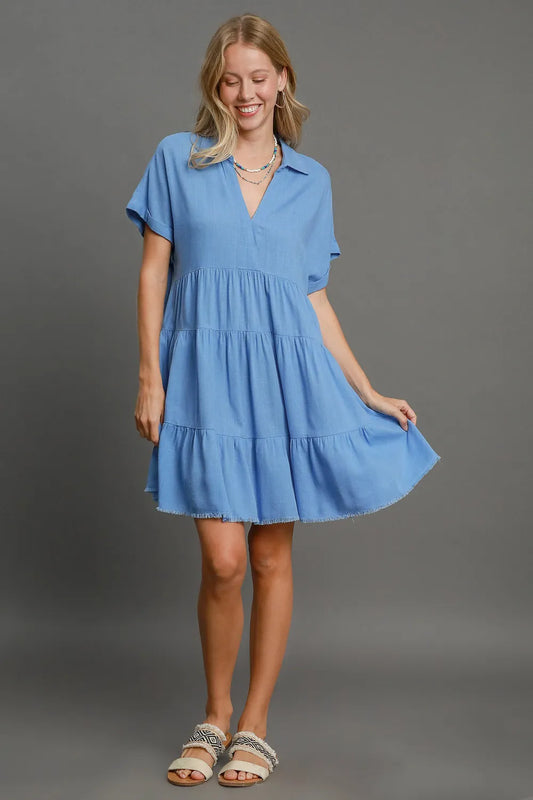 Umgee Full Size Raw Hem Folded Sleeve Tiered Dress Plus Size Sky Blue