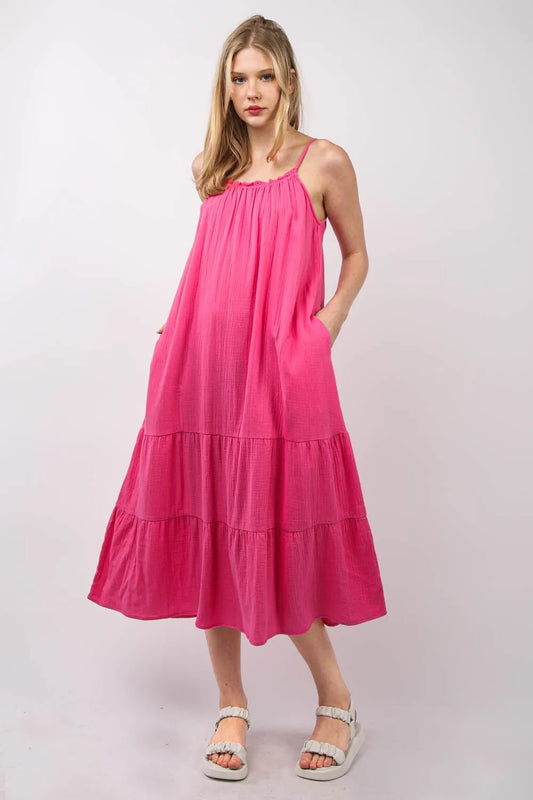 VERY J Ruffled A-Line Midi Cami Dress Fuchsia