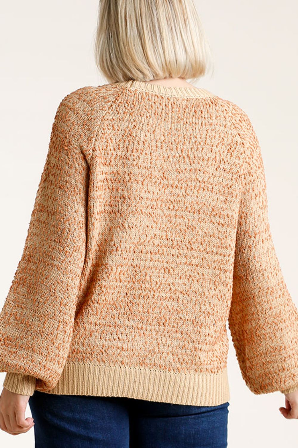 Umgee Full Size Ribbed Hem Round Neck Long Sleeve Popcorn Sweater Plus Size