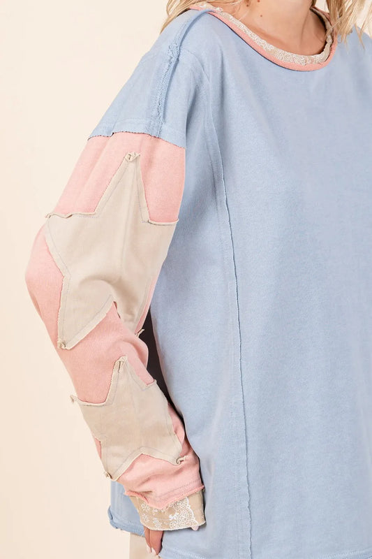 Mittoshop Star Patch Long Sleeve Colorblock Mineral Wash Top