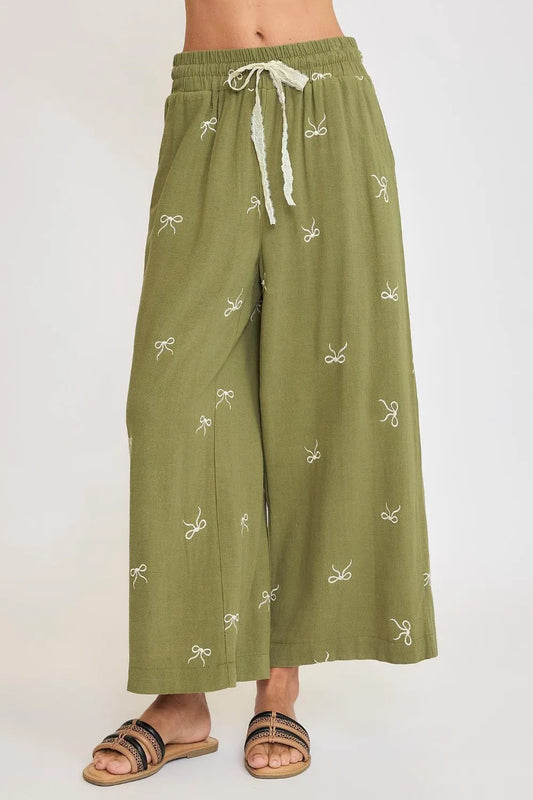 Umgee Full Size Lace Drawstring Embroidered Bow Wide Leg Pants Plus Size Yellow-Green