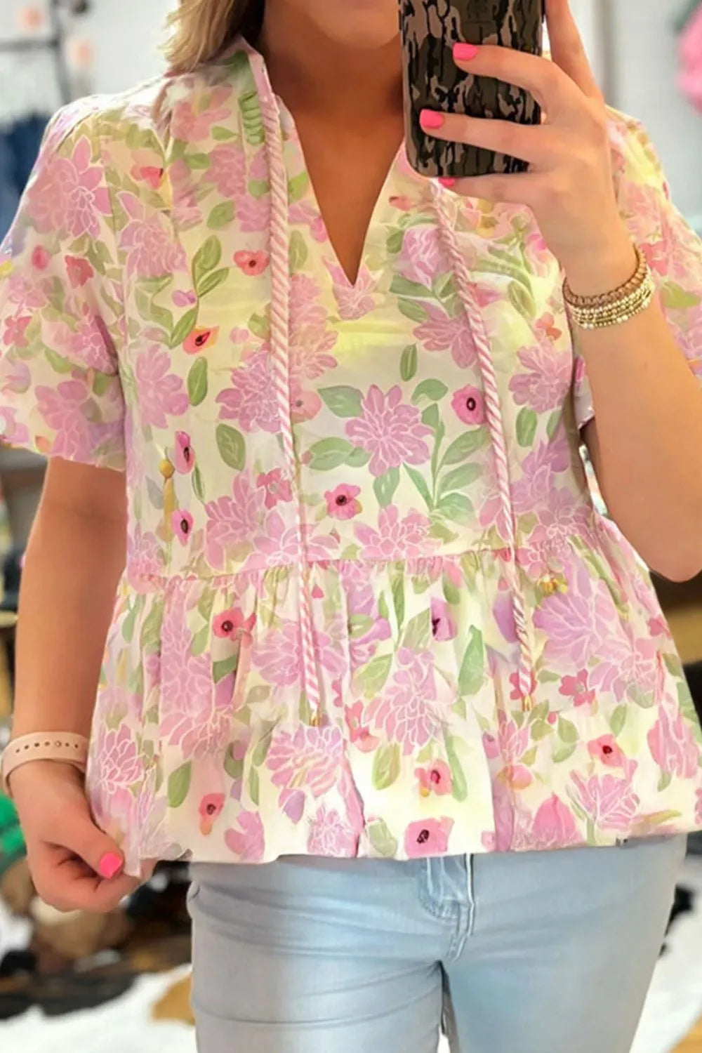 Printed Tie Neck Short Sleeve Blouse Blush Pink