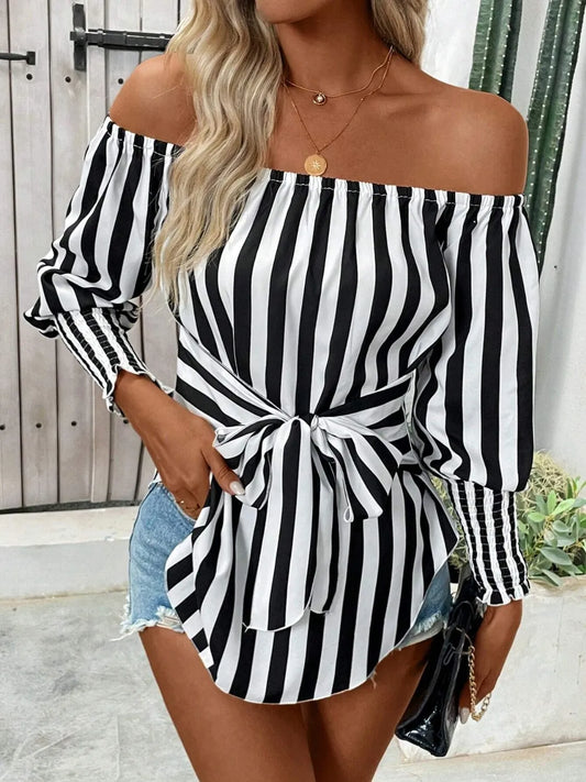 Striped Off-Shoulder Long Sleeve Blouse