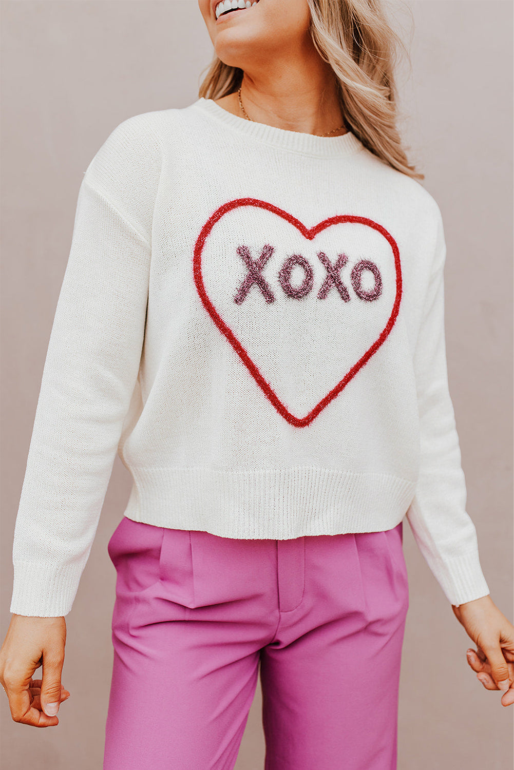XOXO Round Neck Drop Shoulder Sweater White M