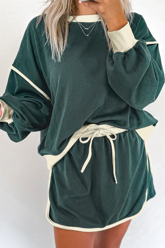 Contrast Trim Round Neck Top and Skort Set Dark Green