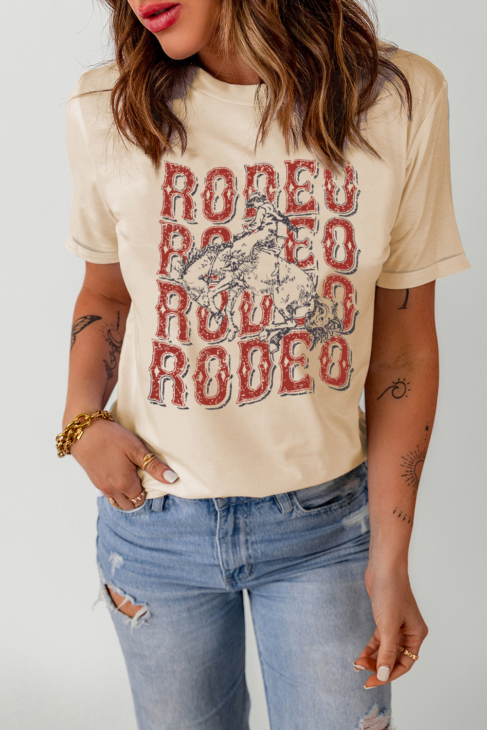 Letter Graphic Cuffed Tee Shirt Light Apricot