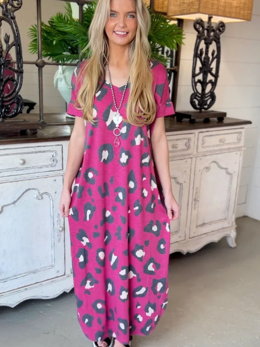 Leopard Slit V-Neck Short Sleeve Maxi Dress Hot Pink