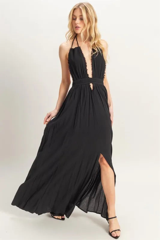 HYFVE Halter Neck Fitted Waist Flowy Maxi Dress