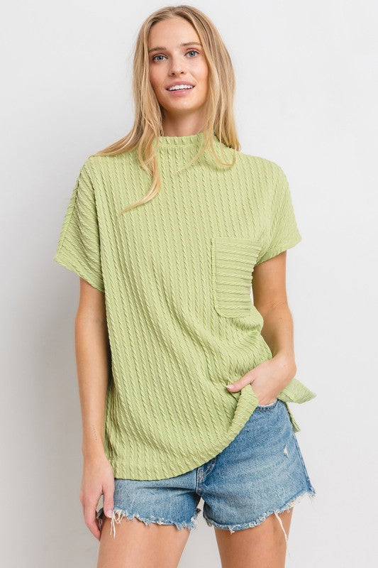 Ces Femme Texture Mock Neck Short Sleeve Knit Top Lime