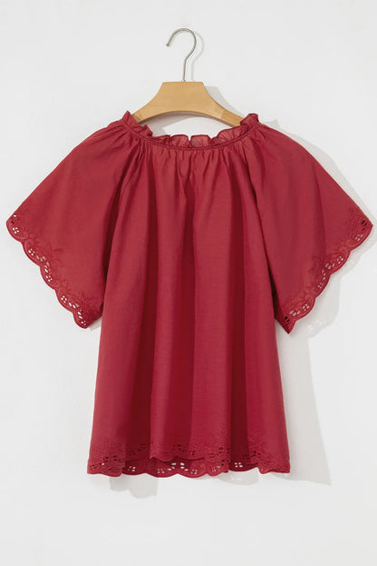 Floral Embroidered Scallop Trim Short Sleeve Notched Blouse