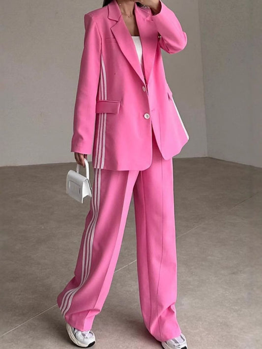 Side Striped Long Sleeve Blazer and Pants Set Hot Pink