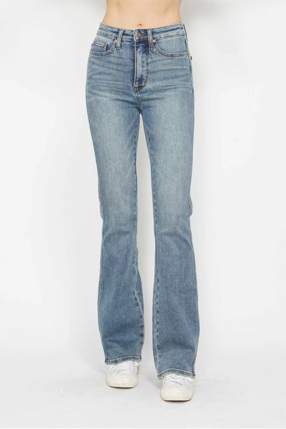 Judy Blue Full Size Tummy Control Back Embroidered Pocketed Bootcut Jeans Plus Size LONG INSEAM