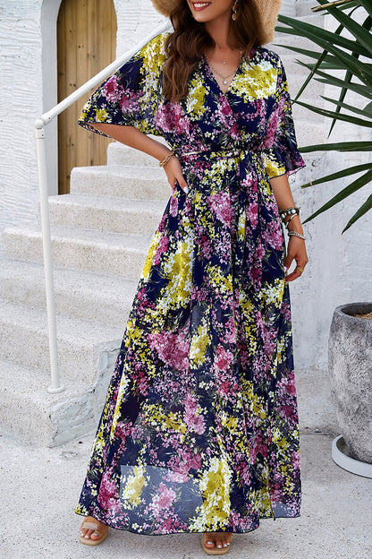 Devine Printed Tied Half Sleeve Slit Dress Dark Blue