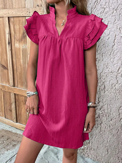 Ruffled Notched Cap Sleeve Mini Dress Deep Rose