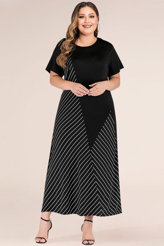 Plus Size Striped Color Block Tee Dress Black
