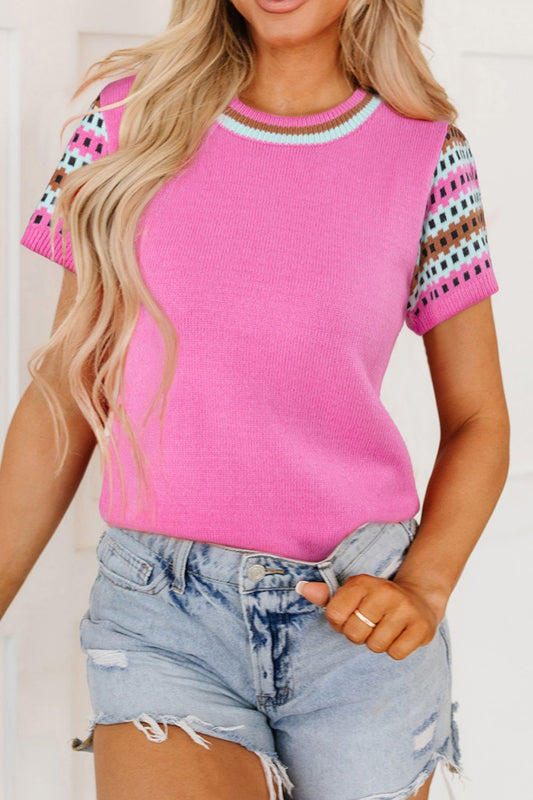 Contrast Short Sleeves Round Neck Sweater Fuchsia Pink