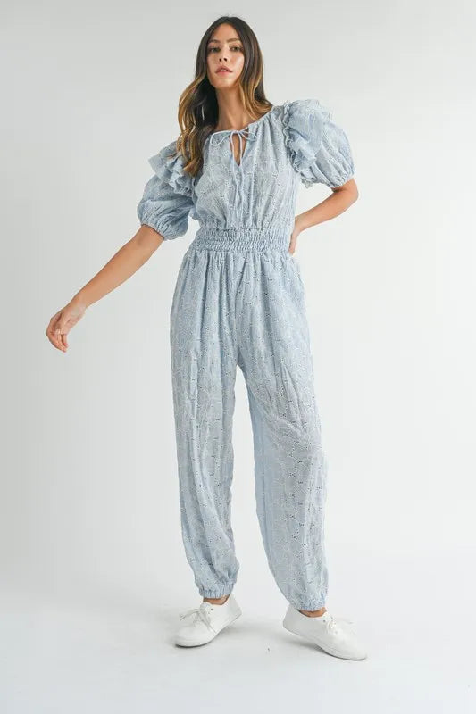 MABLE Eyelet Lace Ruffle Shoulder Jumpsuit Blue