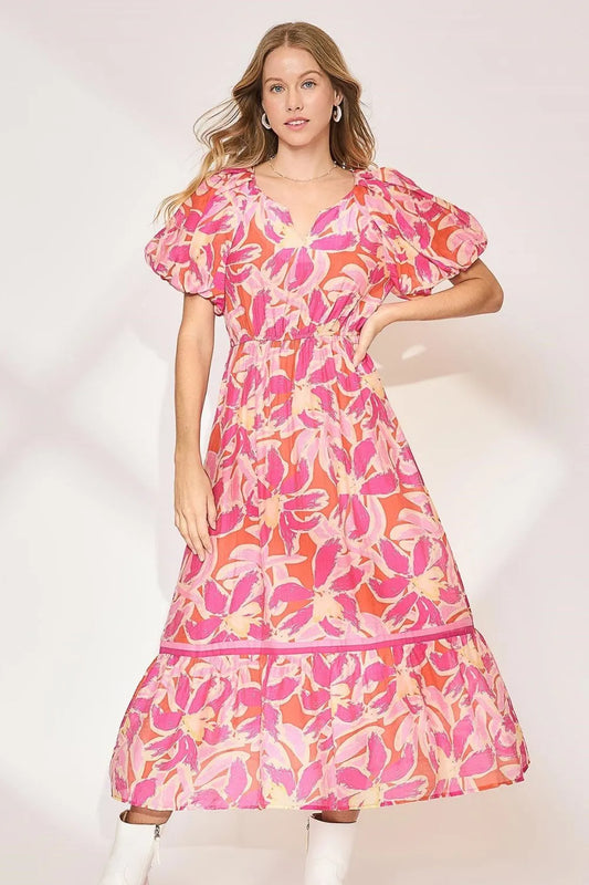 Umgee Floral Notched Puff Sleeve Midi Dress Fuchsia Pink