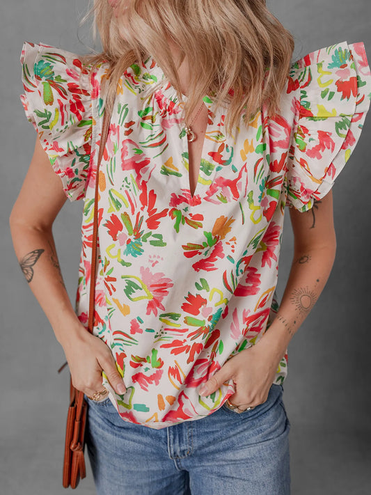 Multicolour Floral Printed Cap Sleeve Split Neck Blouse Floral