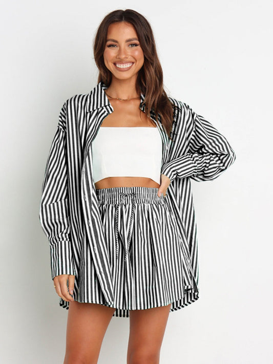 Striped Dropped Shoulder Shirt and Shorts Set Black