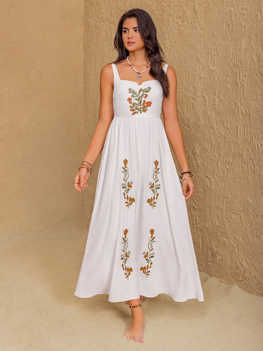 Floral Embroidered Sleeveless Maxi Dress White