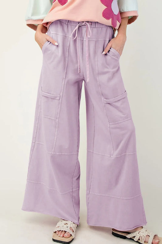 Wide-Leg Cargo Pants with Drawstring Waist Pink Purple